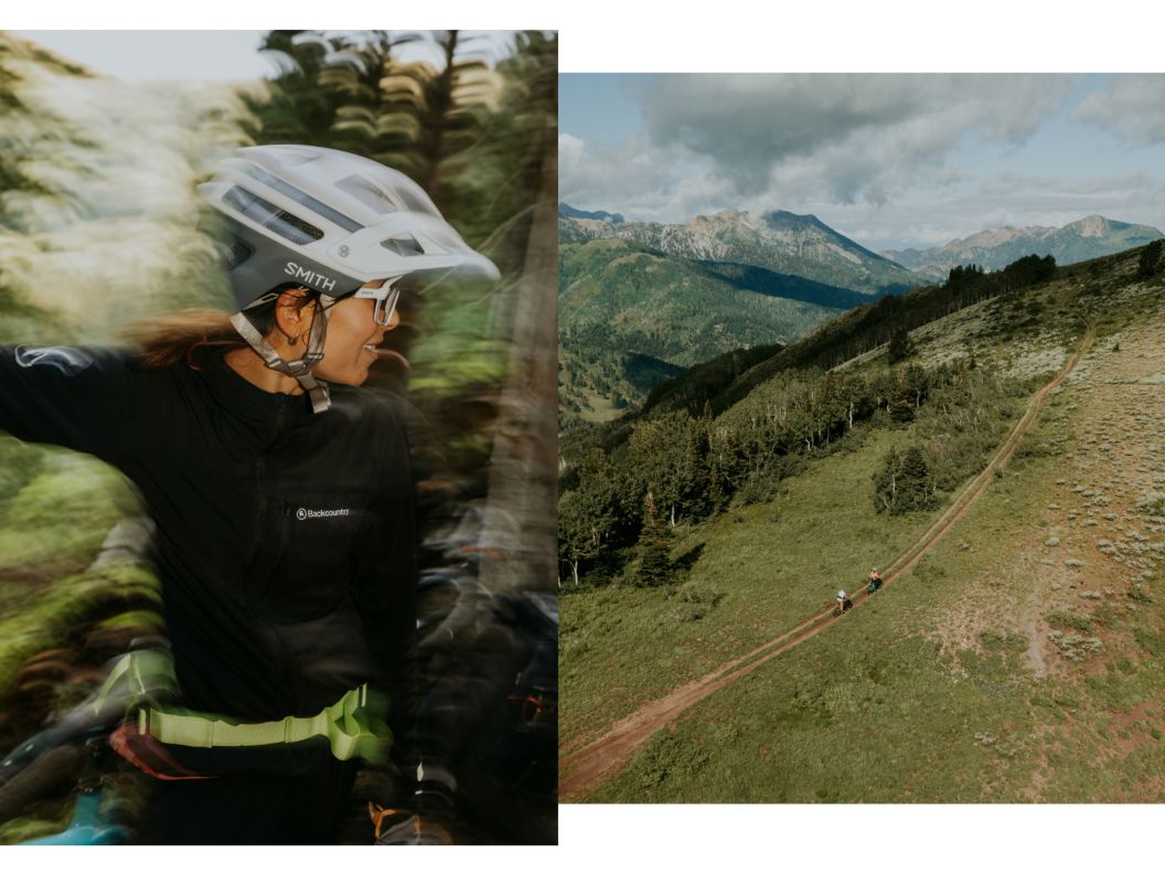 A blurry image of a rider looking over their shoulder, next to zoomed out image of riders on a singletrack.